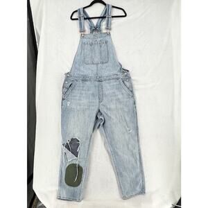 Vintage 90s GAP Women’s Lg Light Denim Overalls Baggy Carpenter Distressed Patch